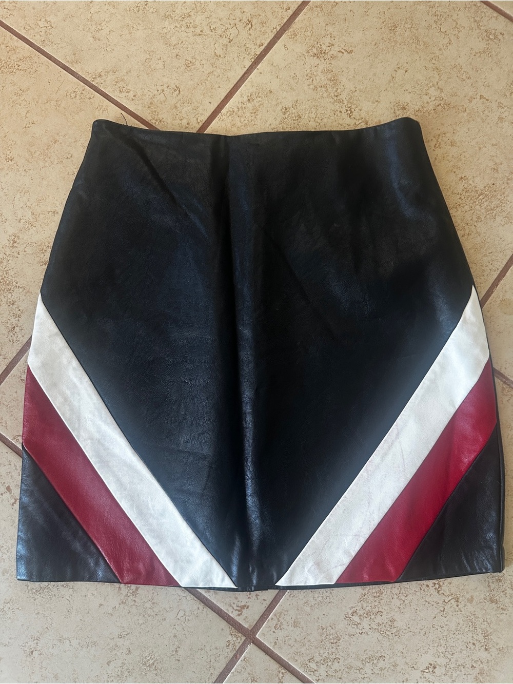 Black Faux Leather Mini Skirt with White and Burgundy Chevron Accents